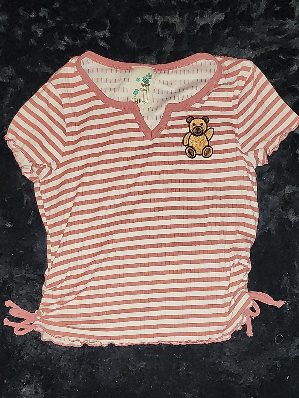 Girls Pink & White Striped Tee with Teddy Patch